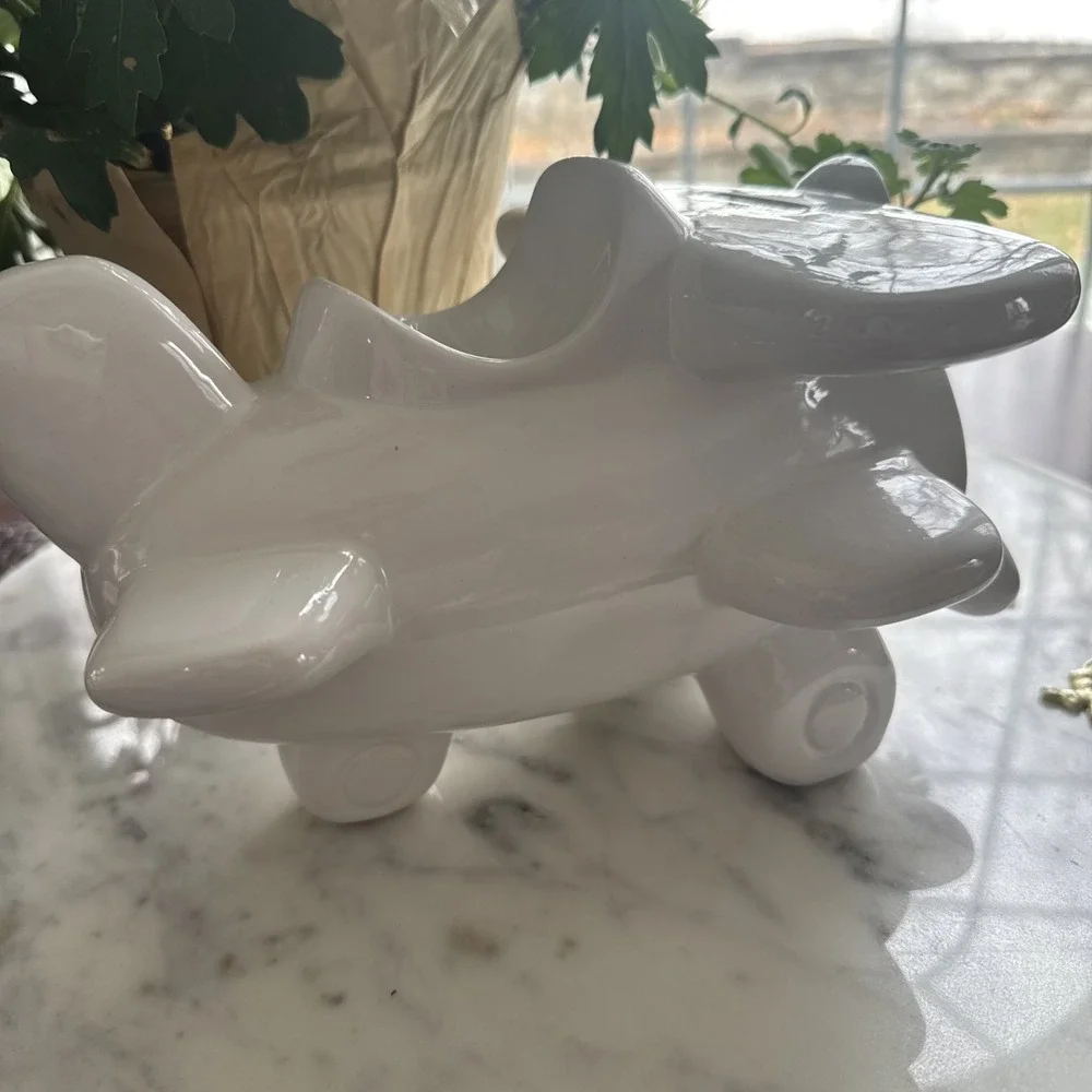 Large White Ceramic Airplane Piggy Bank – Modern Aviation Nursery Decor Gift